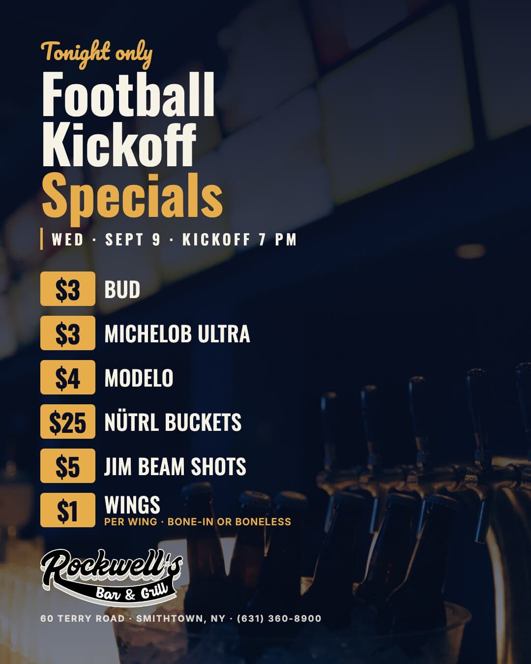 Football kickoff specials Wednesday September 9 from 7 PM at Rockwell's Bar & Grill in Smithtown, NY