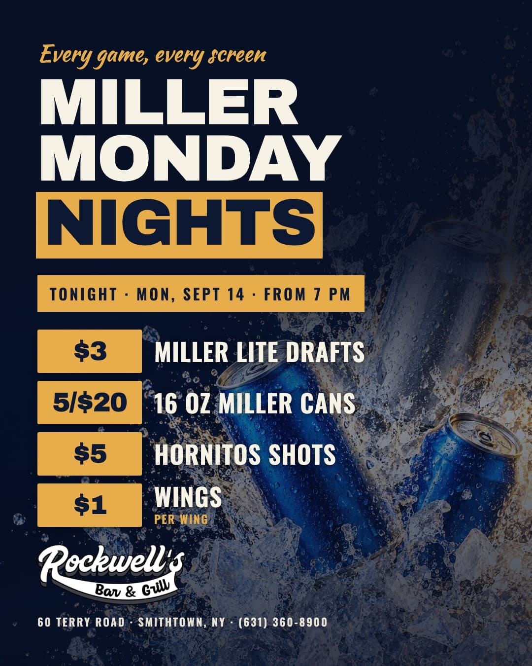 Miller Monday Nights specials from 7 PM Monday September 14 at Rockwell's Bar & Grill in Smithtown, NY