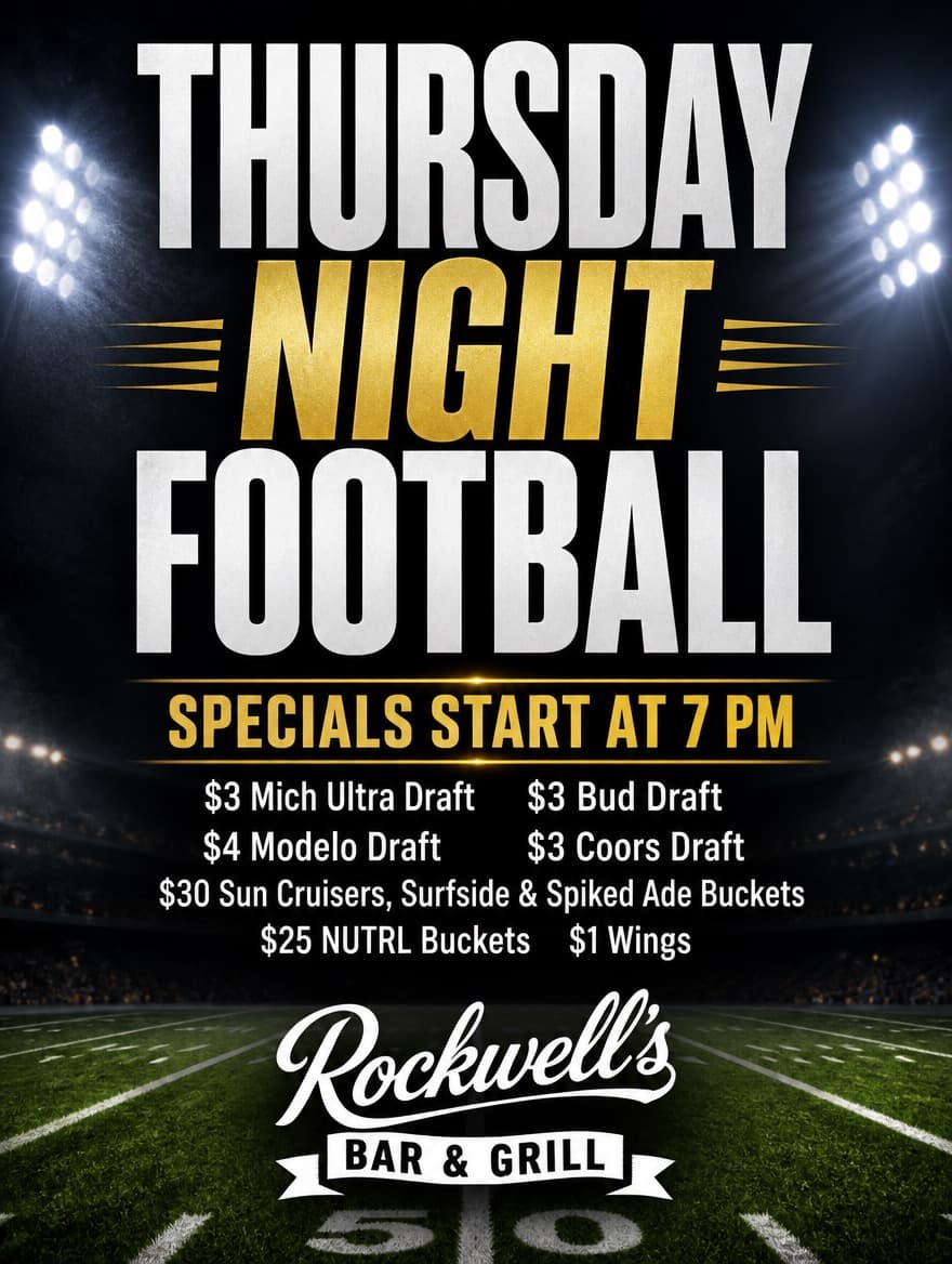 Thursday Night Football specials at 7 PM at Rockwell's Bar & Grill